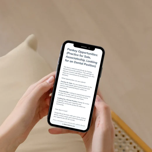 Person holding a smartphone displaying Pankey Opportunities text about dental positions and practices for sale.