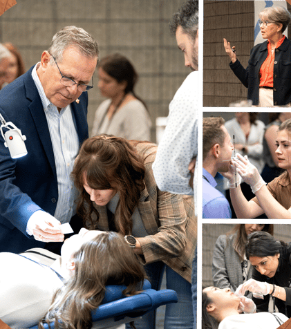 Collage of dental professionals teaching and practicing techniques during a hands-on workshop.